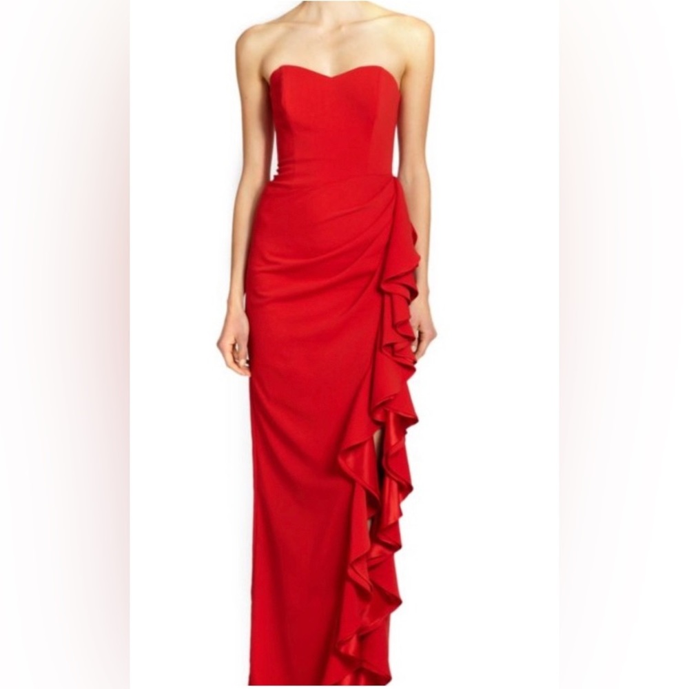 Badgley Mischka Strapless Ruffle Slit Dress